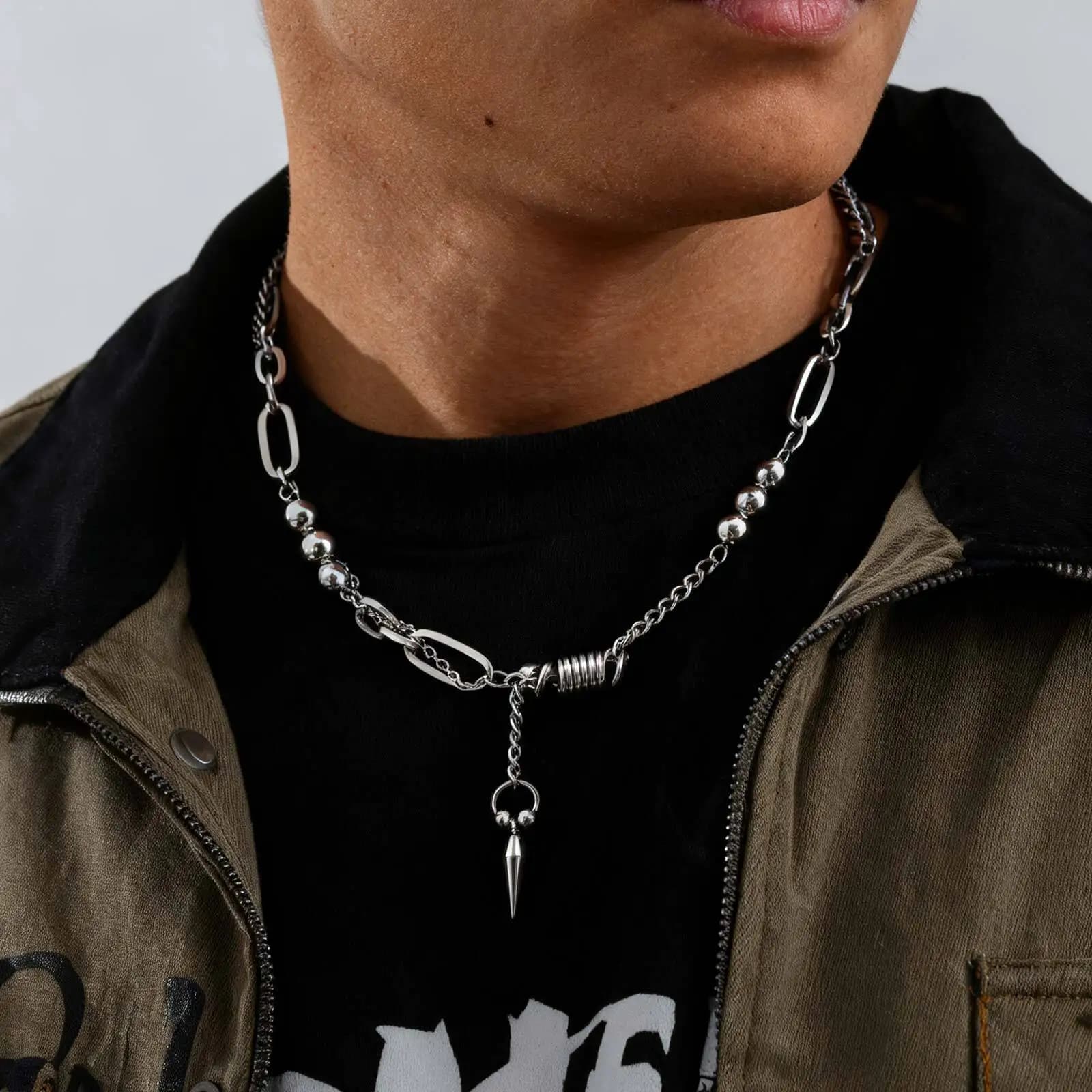 Hip Hop Rivet Necklace For Man,Punk Stainless Steel Splicing Clavicle Sweater Chain Choker,Trendy Unisex Jewelry Gift