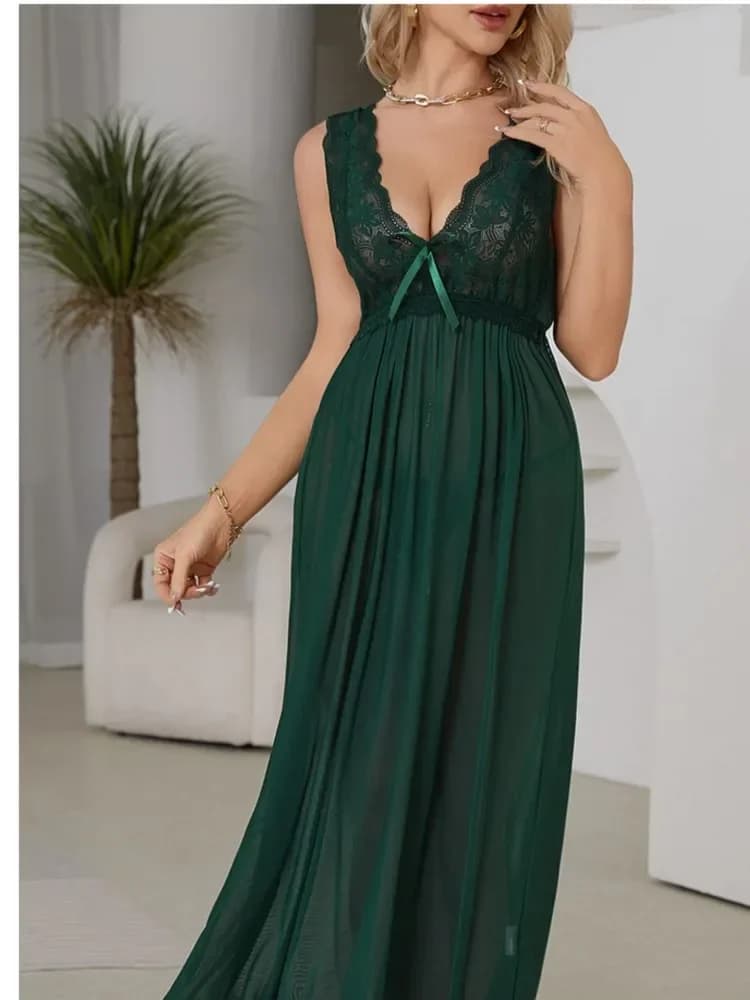 Pigiama sexy Camicia da notte lunga Abbigliamento da casa Abito in pizzo moda per le donne Indumenti da notte a V profondo Camicia da notte in chiffon Abiti da notte di nozze