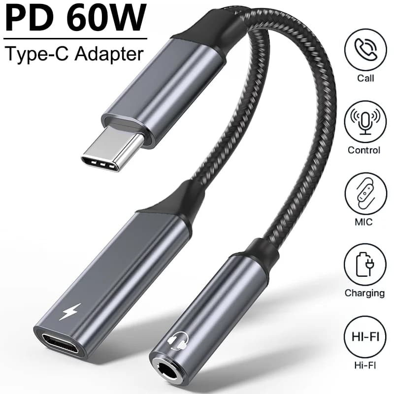 Adattatore Audio USB-C 2 in 1 con Ricarica Rapida PD 60W e Jack da 3,5mm