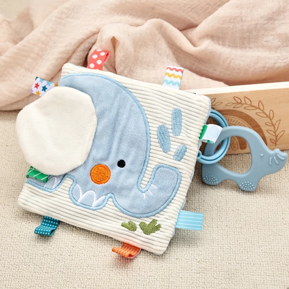 Giocattolo Sensoriale per Neonati a Forma di Elefante – Asciugamano Comfort per Bambini 0-12 Mesi con Massaggiagengive, Suono a Pressione e Nastri Testurizzati, Regalo Morbido per Neonati
