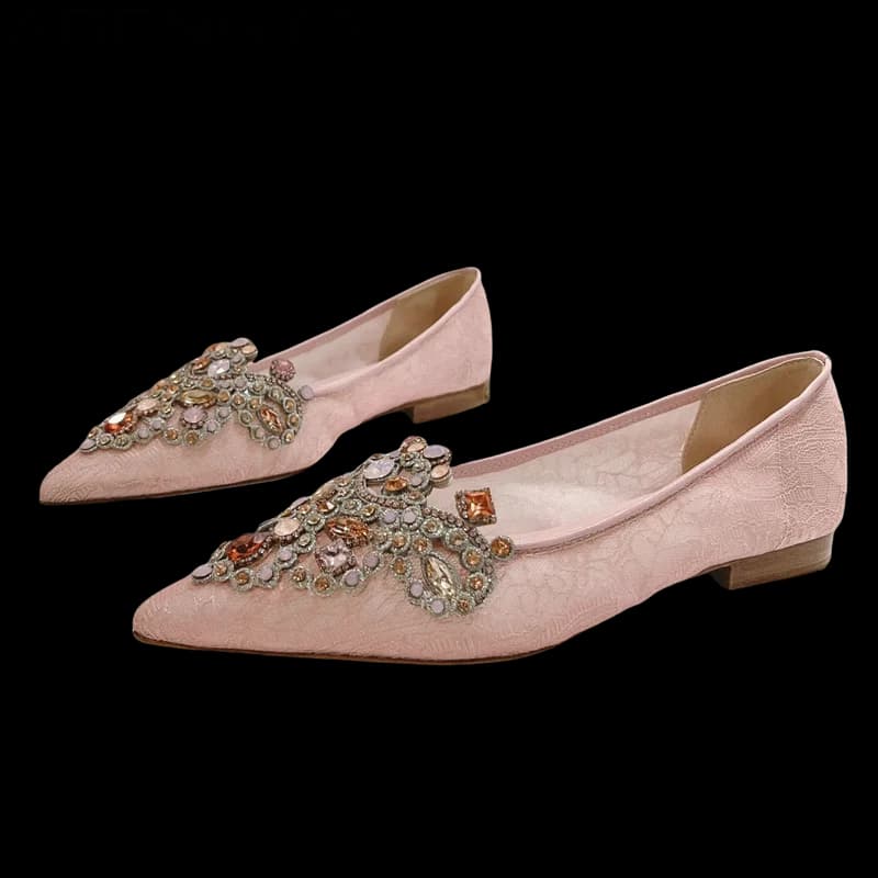 ABENGYA Gem-setting Lace Punta a punta Scarpe basse Donna 2025 Estate Tacchi bassi Scarpe eleganti da sposa Slip-on Muli Scarpe da donna pigre