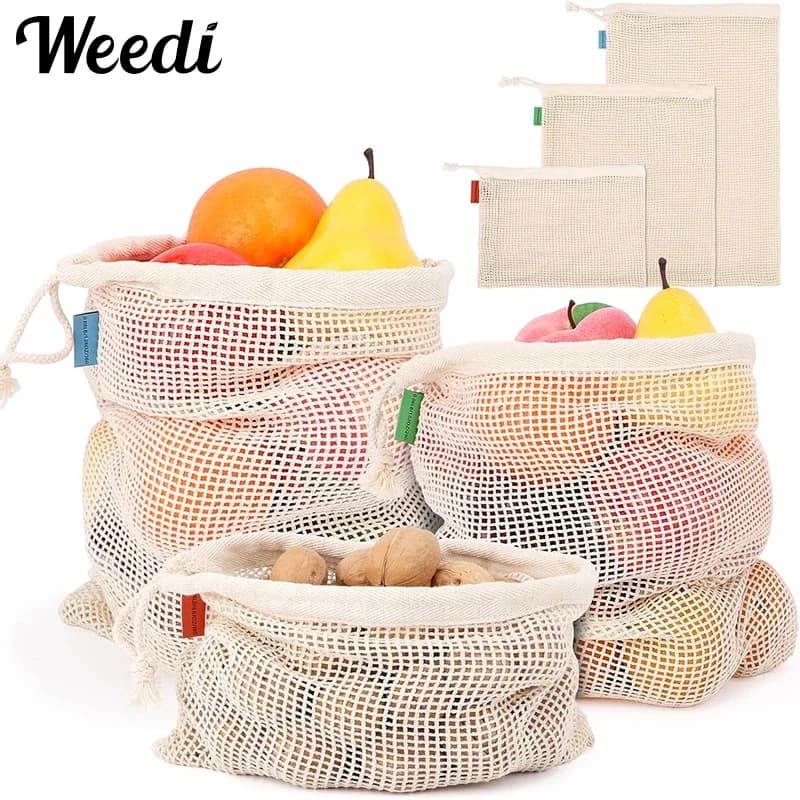 Weedi Confezione da 3/6 Sacchetti Riutilizzabili in Rete di Cotone, Borse Lavabili per la Spesa, Sacchetti per Conservare Frutta e Verdura in Cucina, Organizer da Cucina