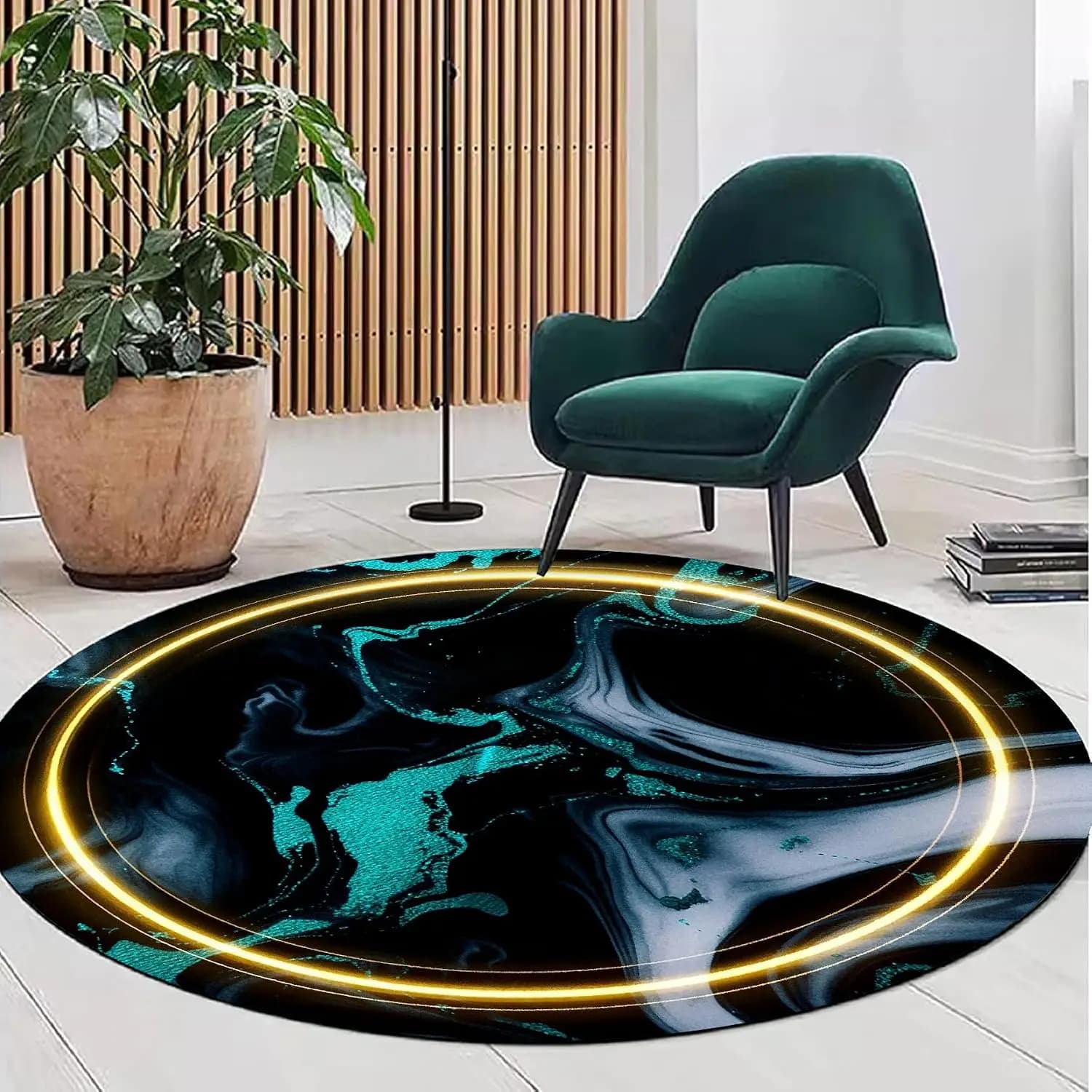 Glowing Gold Ring Round Rug Teal Blue Liquid Ink Marble Area Carpet Abstract Luxury Pattern Living Room Bedside Floor Element