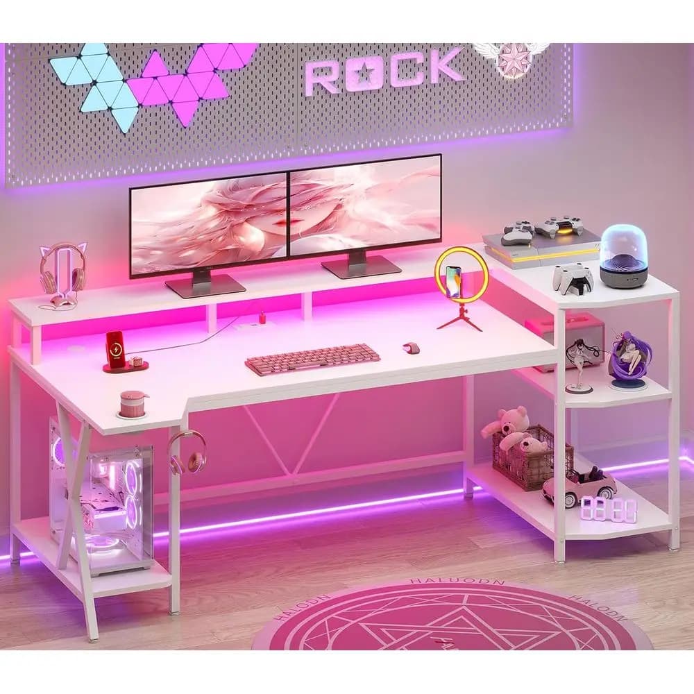 Ampia Scrivania da Gaming Illuminata a LED con Vano Portaoggetti e Portabicchieri, Scrivania per Computer da 70,8 Pollici con Supporto per Monitor e Prese di Corrente, Ideale per il Gaming su PC