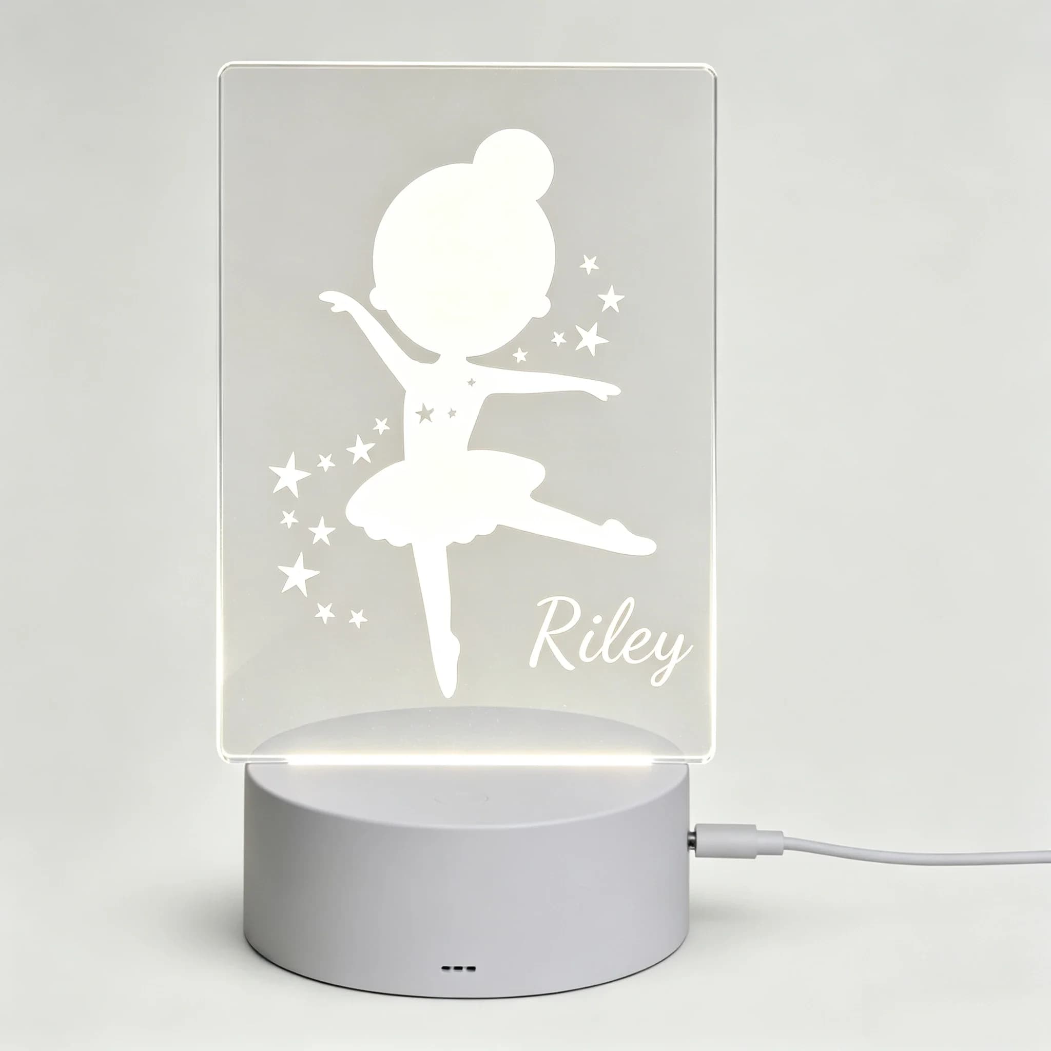Cute Dancing Ballerina With Star Engraved Acrylic Night Light Custom Text Desk Decor Lamp