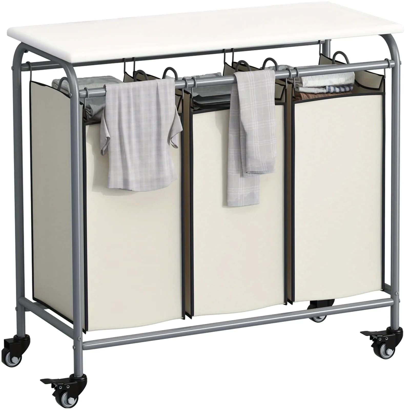 Heavy-Duty 3-Bag Rolling Laundry Sorter Cart with Lockable Wheels, Built-in Ironing Board & Removable Fabric Bins – Compact Stor