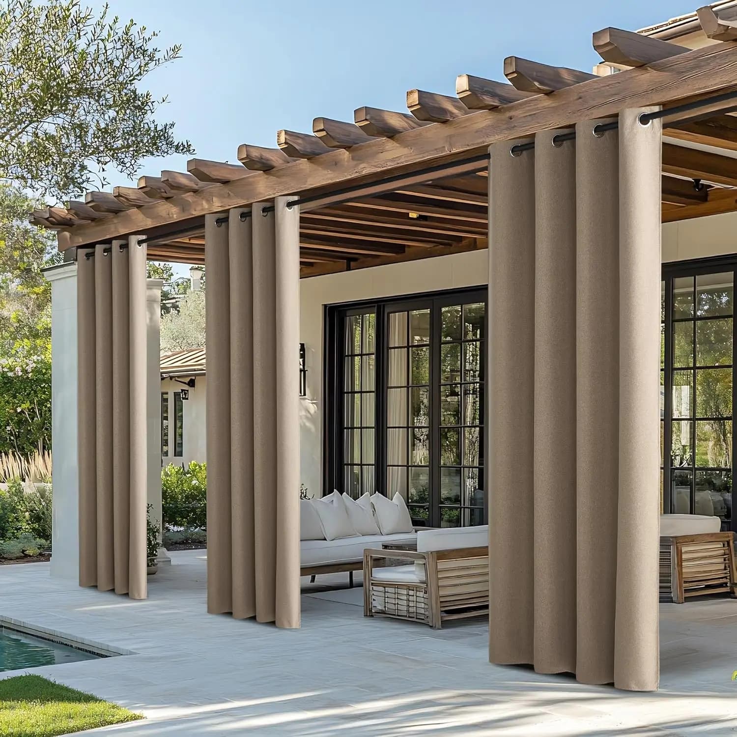 Tende Termiche Impermeabili per Esterni, Tende Oscuranti al 100% per Patio, Gazebo, Interni e Bagno, Taupe, 2 Pannelli