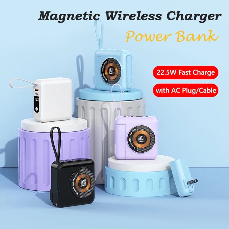 Mini Power Bank wireless magnetico | Carica rapida da 22,5 W e wireless da 15 W | Cavi 4 in 1 | Display a LED | Perfetto per viaggi e ufficio