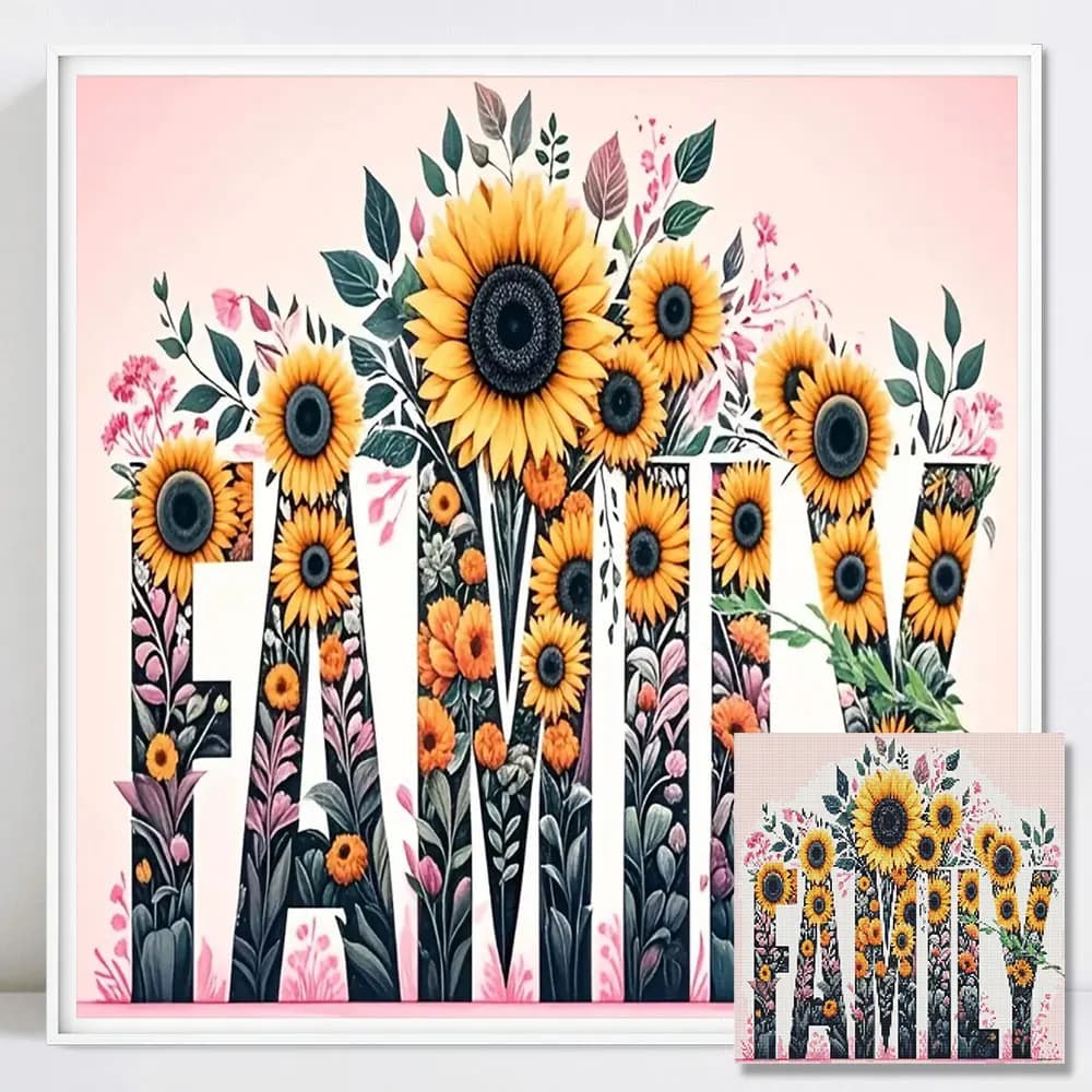 Quadro Diamantato Famiglia con Fiori, Mosaico Completo Quadrato/Rotondo, Immagini con Strass a Lettera, Decorazione Murale