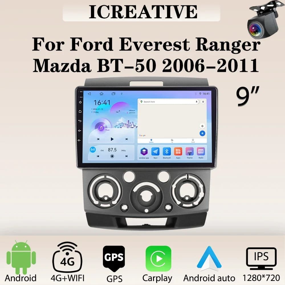 Autoradio Android per Ford Everest Ranger e Mazda BT50 2006-2011 Carplay Lettore multimediale 2din Stereo Autoaudio Navigazione GPS