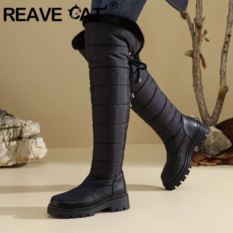 REAVE CAT 2025 Women Warm Winter Snow Boots Round Toe Block Heels Lace Up Waterproof Winter Daily Over Knee Bota Sizes 42 43 44