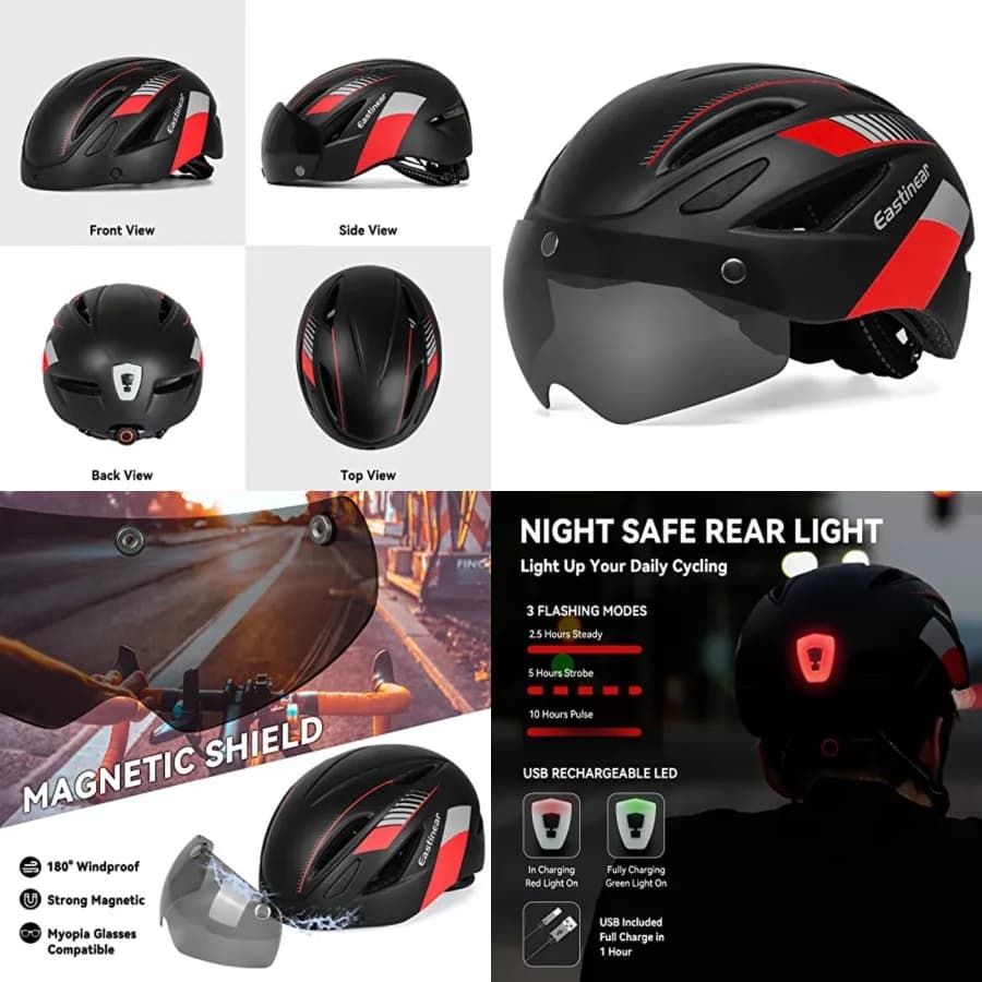 Casco da Bicicletta per Adulti con Occhiali Magnetici e Luce Posteriore Ricaricabile USB per Uomini e Donne, Casco da Bici da Montagna e Strada
