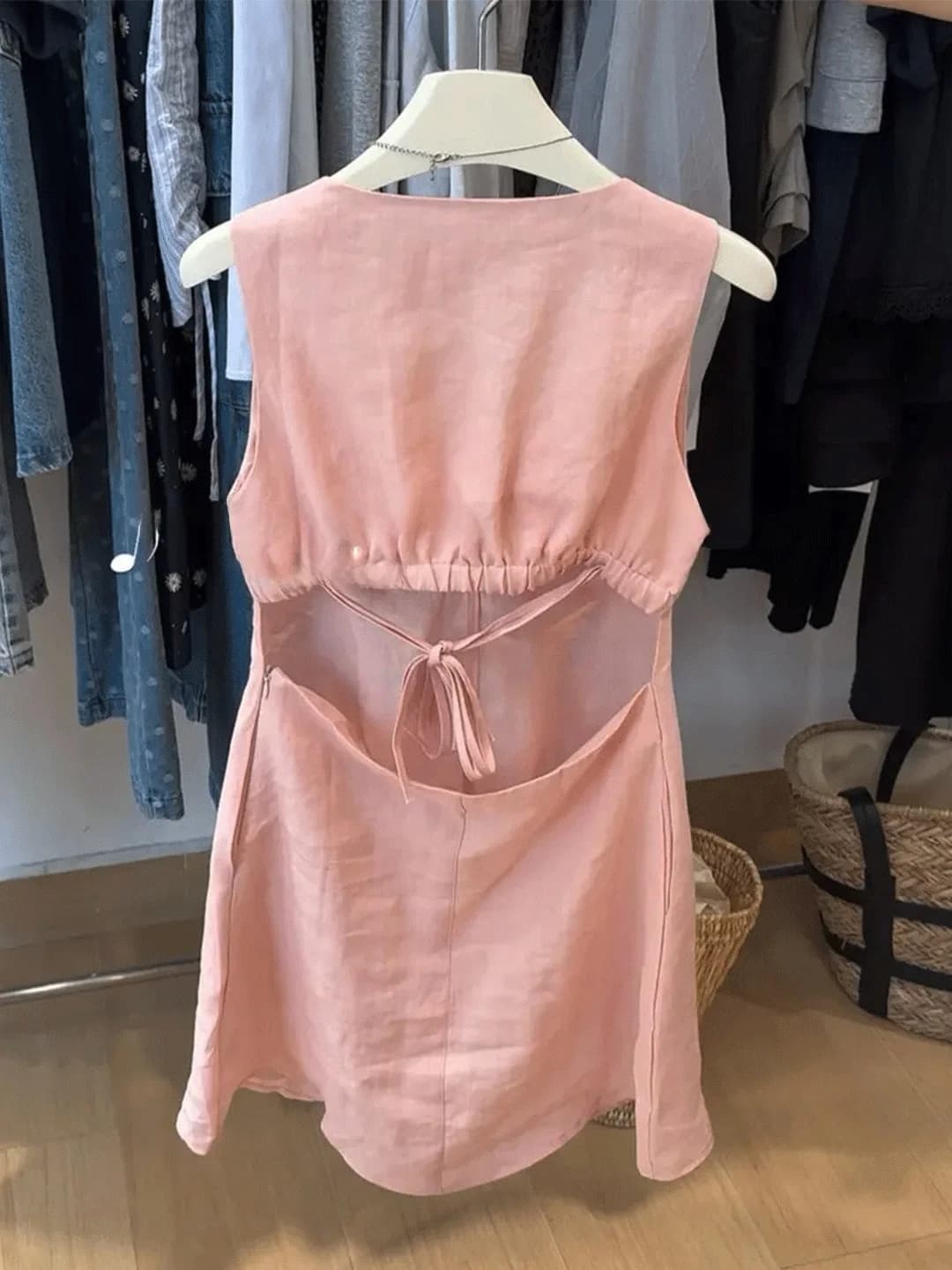 Special Beautiful Women's Pink Linen Backless Crop Top Dress Summer New Korean Style High Waist H-Line V-Neck Short Skirt