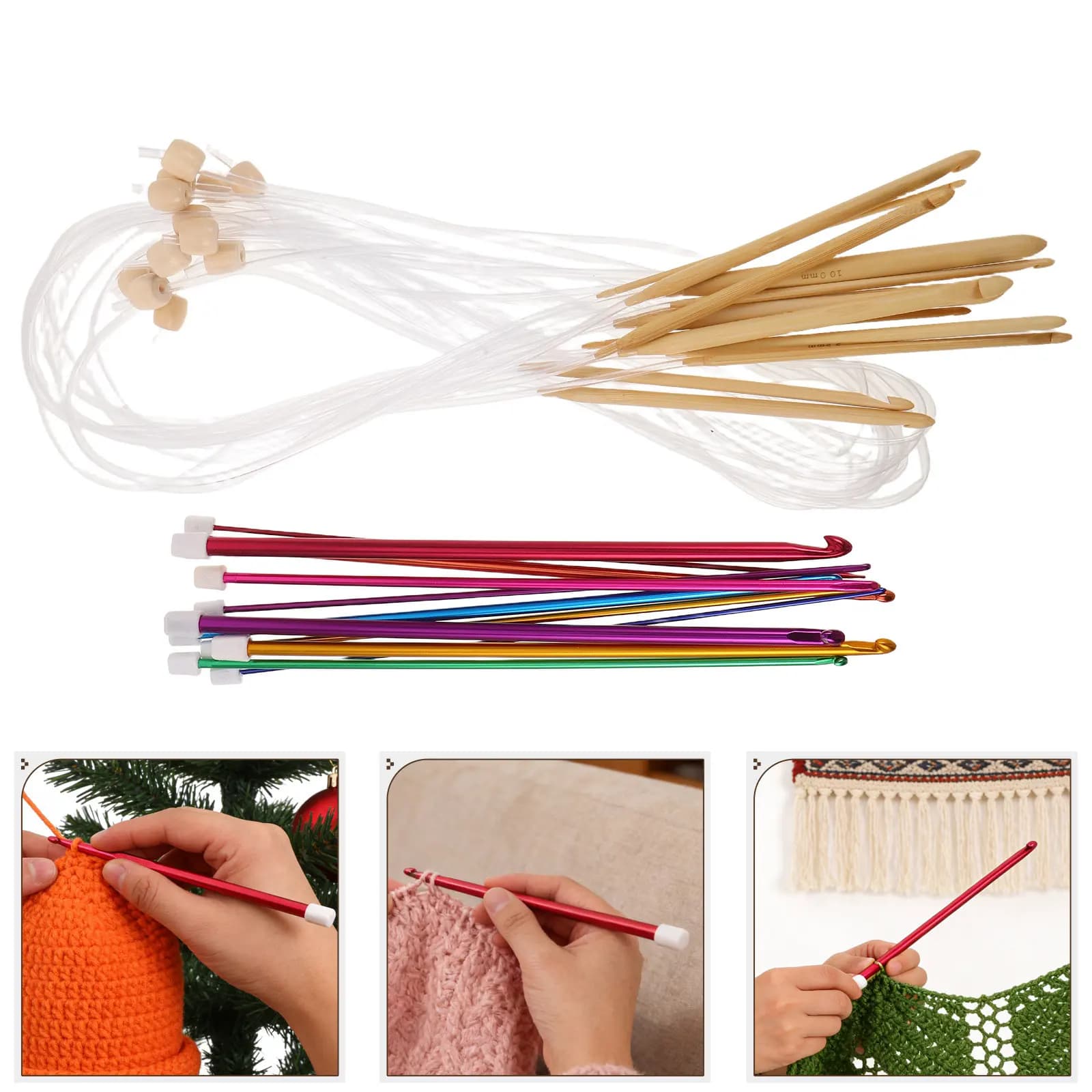 1Set Crochet Hooks Set Vibrant Colored Wood Handles Intensive Use Sweater Weaving Knitting Needle Kit Hand Knitting Tools