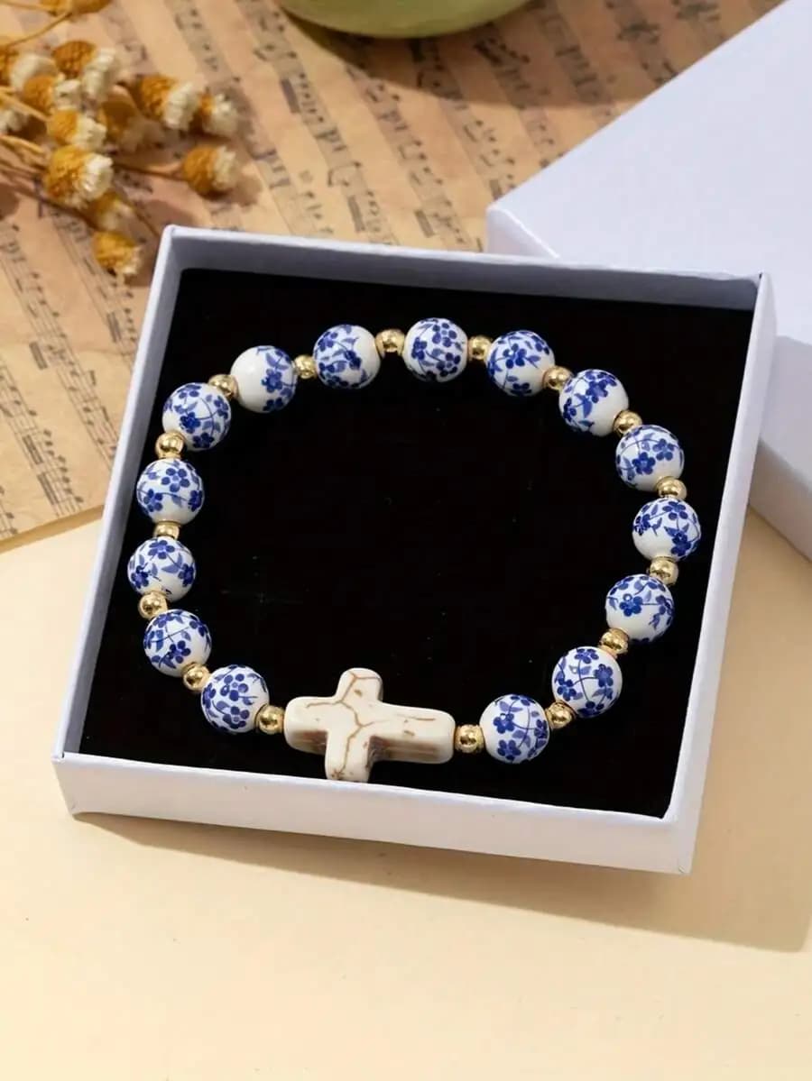 Vintage Chinese-inspired turquoise cross and porcelain beaded bracelet