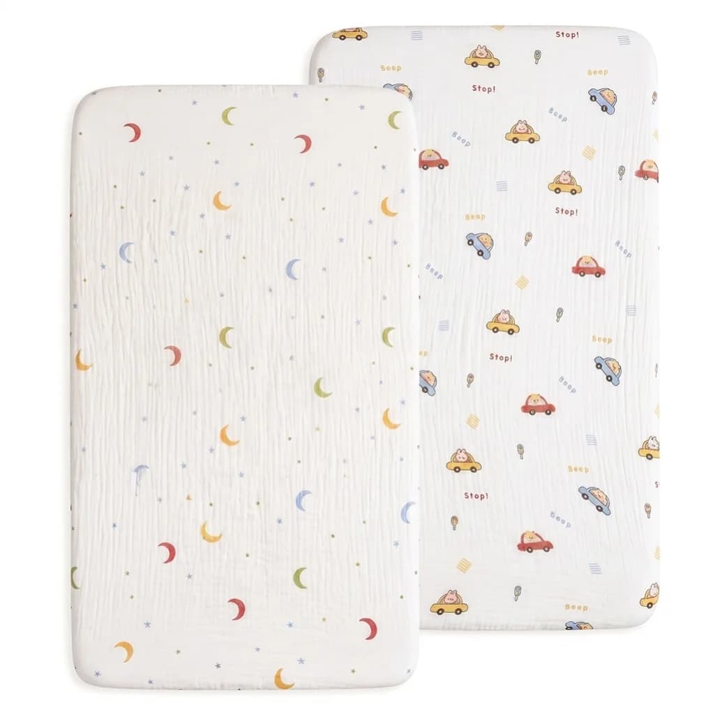 2Pcs Baby Cotton Cute Cartoon Gauze Bed Sheet Mattress Cover, Soft and Comfortable Newborn Breathable Moisture-Absorbing Fitted Sheet