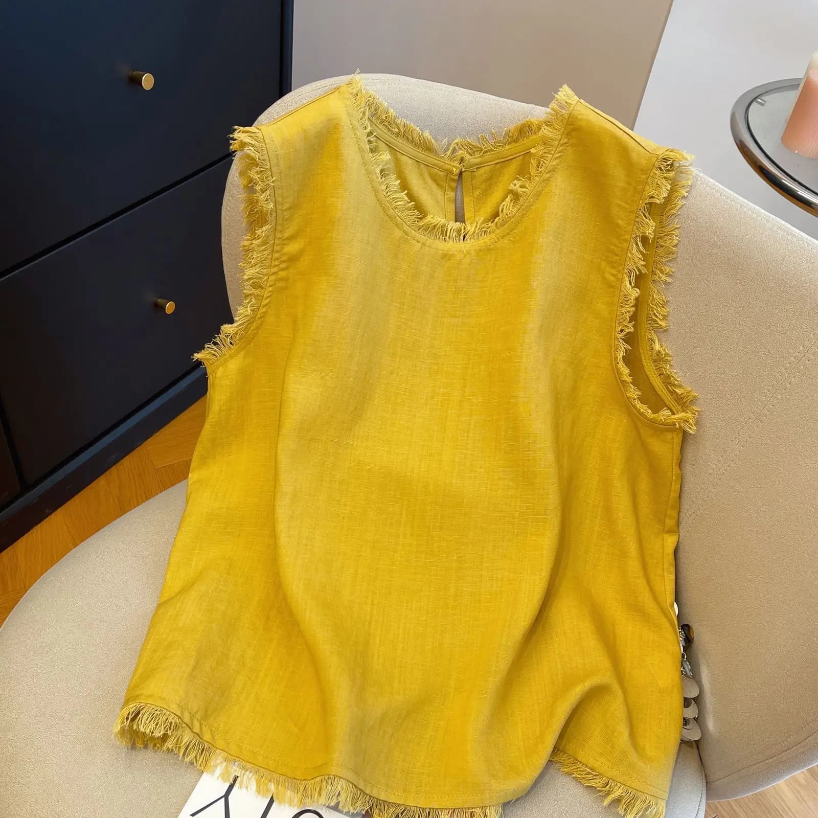 Slimming Large Size Cotton Linen Base Shirt Sleeveless Vest T-Shirt for Women Summer New Style Commute Artistic round Neck Lo...