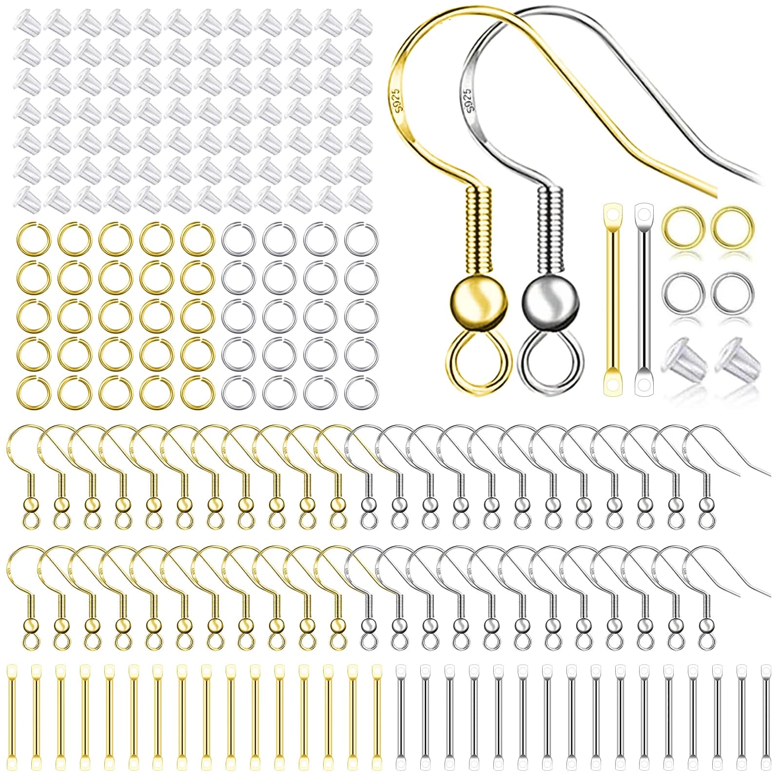 925/gold silver plated earrings hooks for jewelry creation, 900 pieces hypoallergenic earrings creation kit, jump rings for earrings