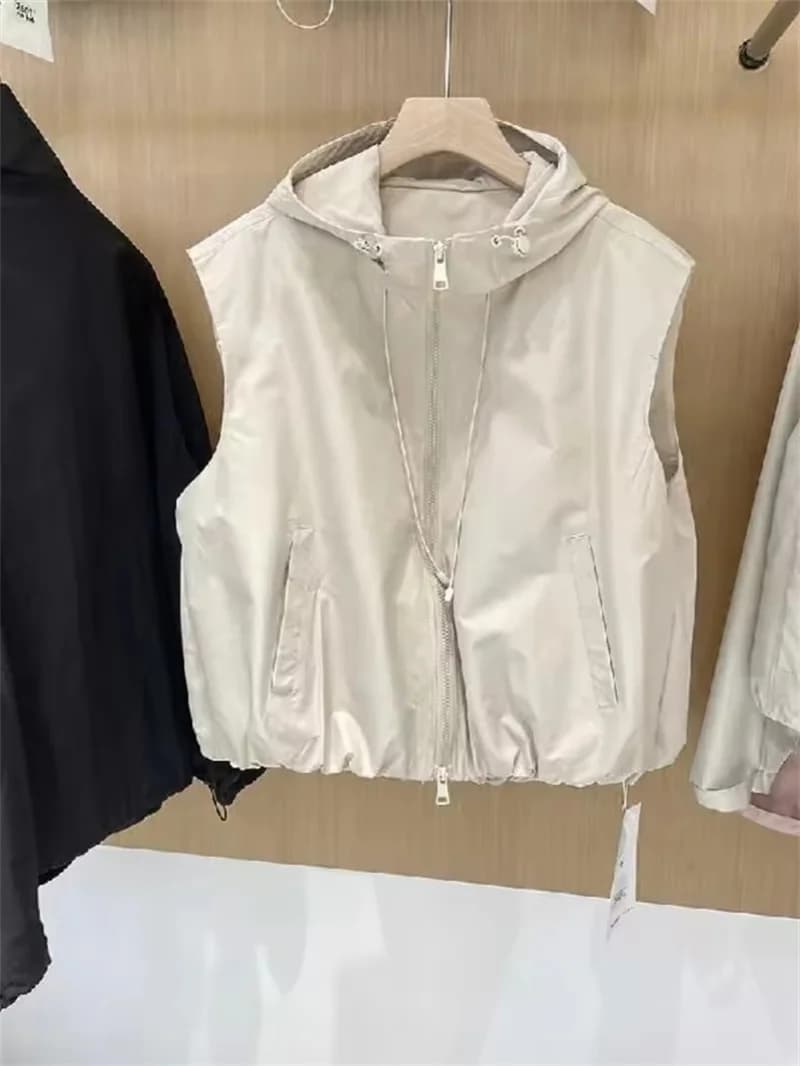 Giacca da donna coreana con cappuccio Giacca allentata senza maniche con cerniera Capispalla casual 2025 Nuovo gilet corto versatile estivo