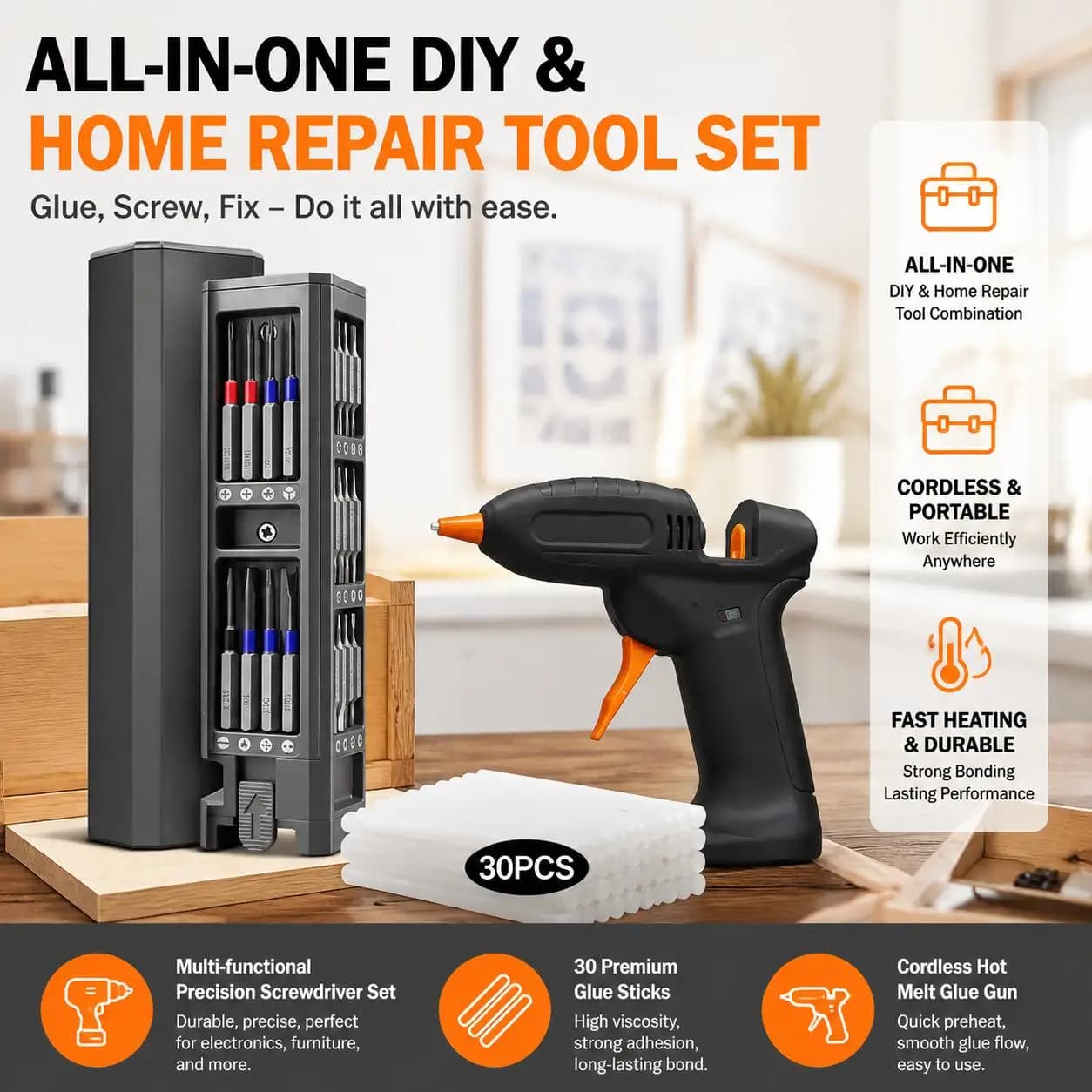 Mini Cordless Hot Melt Glue Gun USB Rechargeable Fast Heating Portable 60W Adjustable Temperature with Precision Screwdriver Set 30 44 71pcs Magnetic for DIY Craft Electronics Repair Woodworking Jewelry Home Office