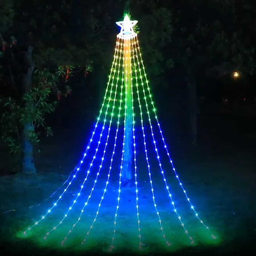 2024 New Year Christmas Decorations Fairy Lights Outdoor Smart RGB Five-pointed Star Waterfall String Lights for Wedding Garland