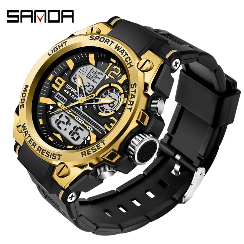 SANDA Orologio da uomo militare ammortizzato da 50 metri impermeabile, sveglia con display a luce notturna Orologio al quarzo multifunzionale