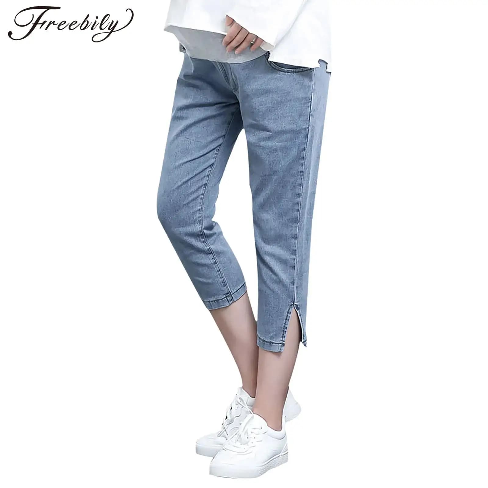 Jeans Premaman a Vita Alta Regolabile con Spacchetti Laterali, Pantaloni in Denim Primaverili per Gravidanza con Tasche