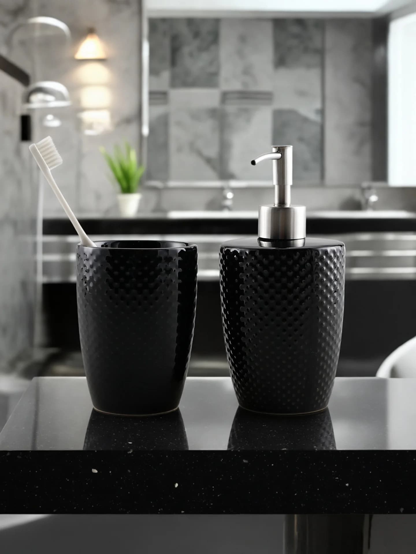 KULE HOME Set Dispenser in Ceramica per Sapone Liquido, Igienizzante Mani, Lozione e Bicchiere Porta Spazzolino