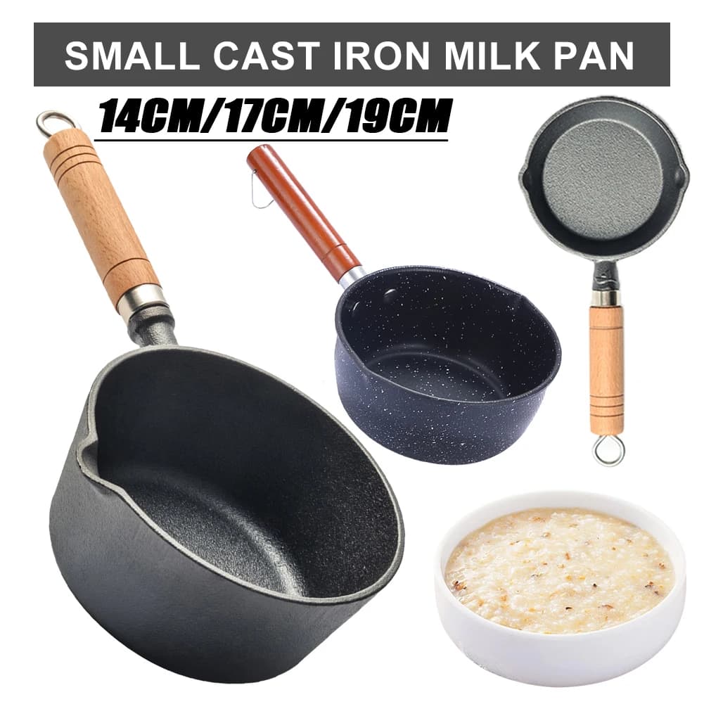 Non-stick pot with beccuccio in cast iron hot oil pan handle wood heater to pour oil heating milk frying