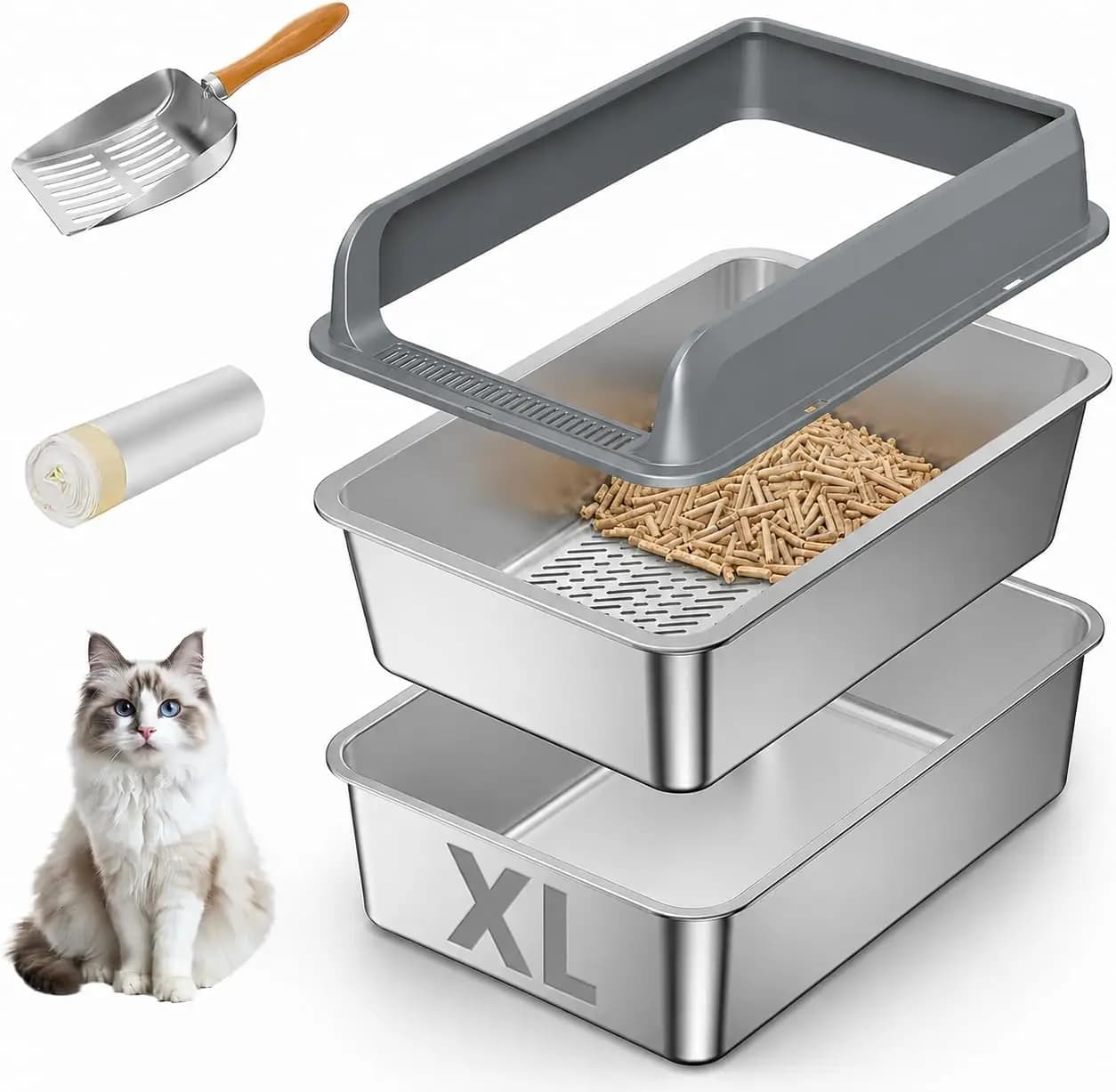 XL Extra-Large Stainless Steel Sifting Cat Litter Box with Lid, Metal High-Sided Sifter Litter Pan System for Pine Pellets, Ideal for Big Cats, Odor Control, Comes with Sifting Box Liners and Scoop