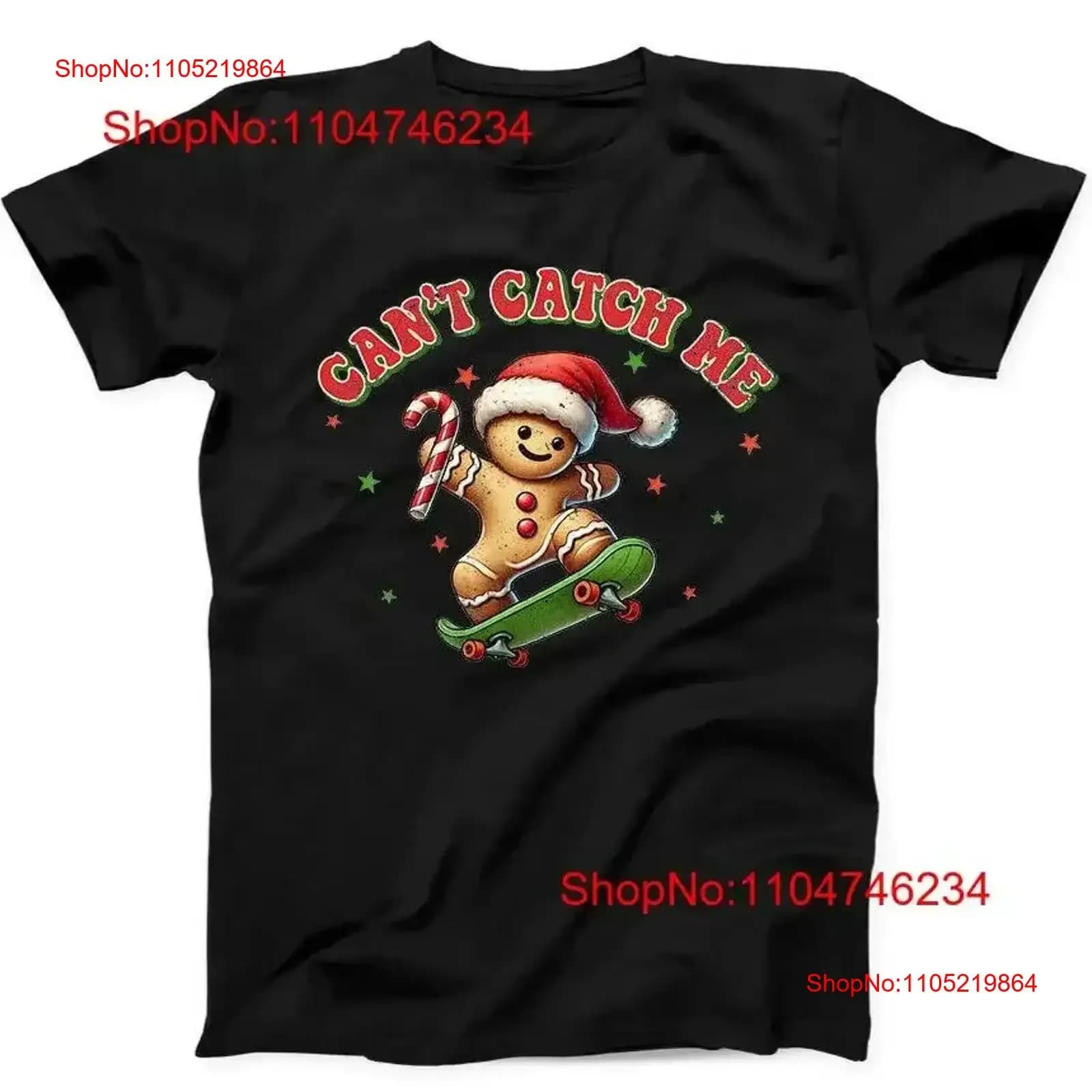 Natale Pan di zenzero Babbo Natale Pattinaggio Divertente maglietta nera 183 vintage lavato allungato traspirante morbido leggermente grafico vintage