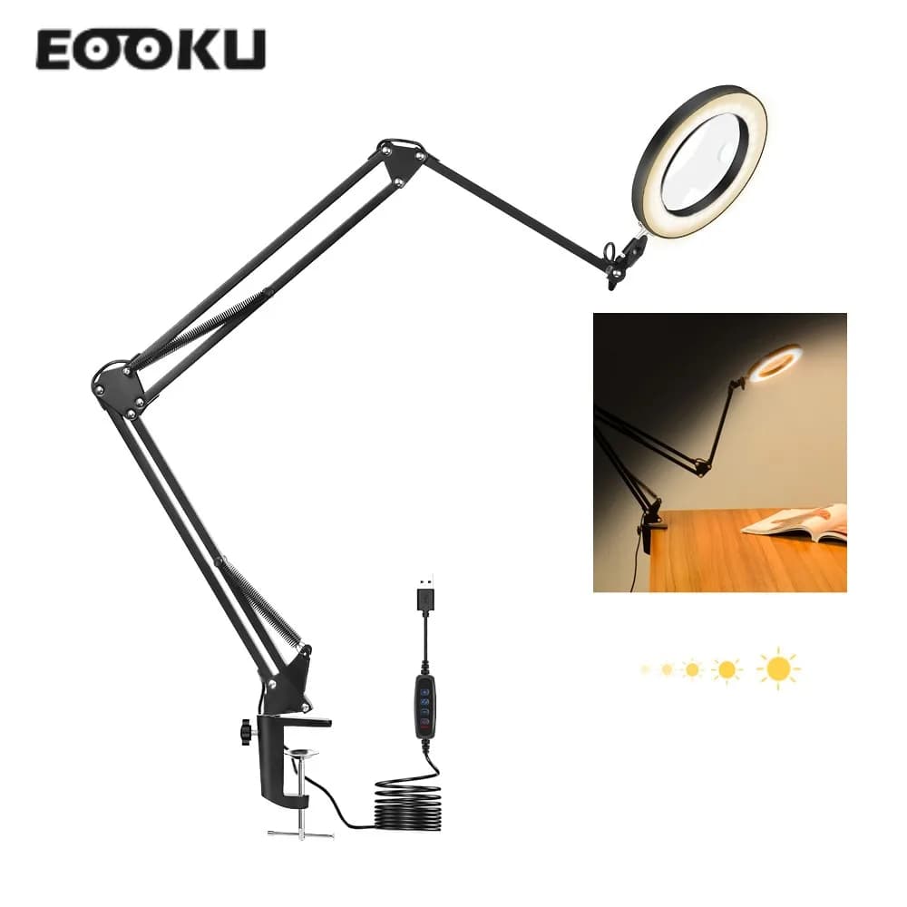 EOOKU 8W lampada da tavolo LED maniglia flessibile a tre sezioni 3 colori 5X/10X lente d'ingrandimento lettura lavoro riparazione saldatura strumento manuale