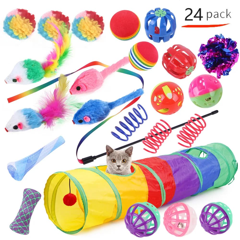 Set di 12-24 Giocattoli per Gattini, Combinazione di Giocattoli per Gatti, Set Divertente con Bastoncino, Topo in Sisal, Campanello e Palla, Accessori per Gatti