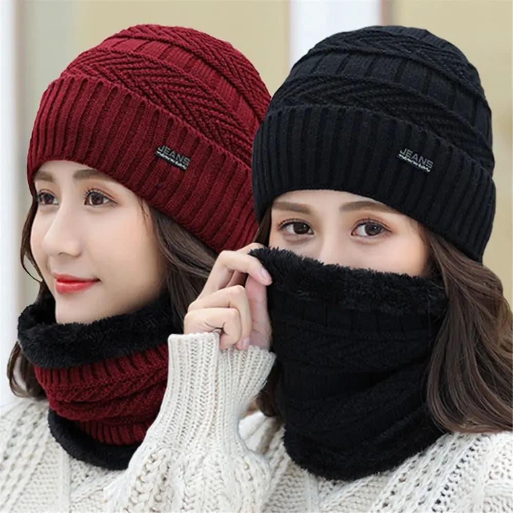 Men Women Soft Thermal Knitted Hat Balaclava Beanie Hat Scarf Neck Scarf Cap