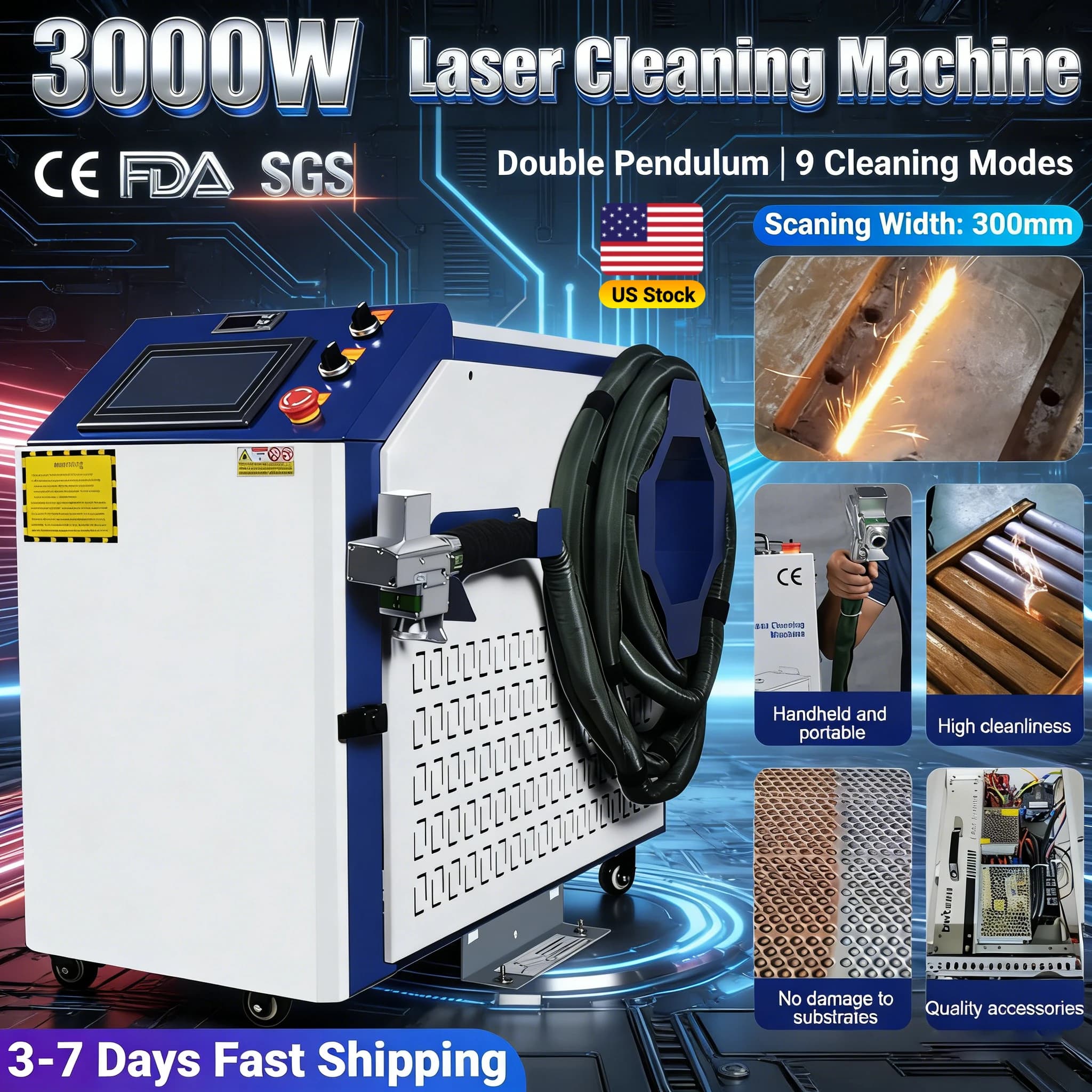 Macchina per Pulizia Laser a Fibra 3000W, Rimozione Ruggine e Vernice per Metallo, Larghezza 300mm, Pulitore Laser a Doppio Pendolo