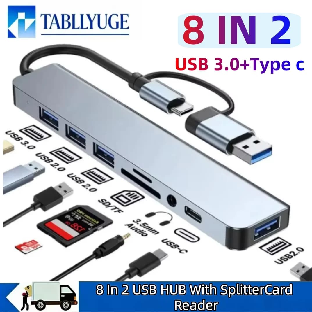 Hub USB 8-in-2 con Docking Station, Ingresso Doppio USB C + USB A, Porte USB 3.0/2.0, Lettore di Schede SD/TF per Laptop MacBook PC