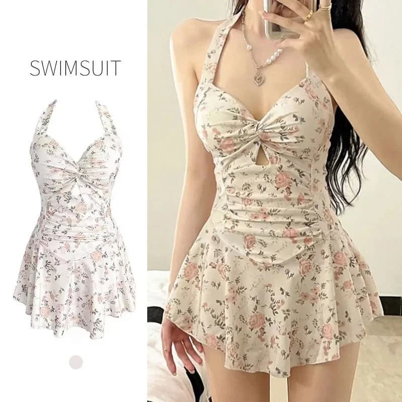 costume da bagno conservatore moda coreana sexy costume intero con stampa floreale nodo rugoso mini abito culotte bikini costumi da bagno imbottiti