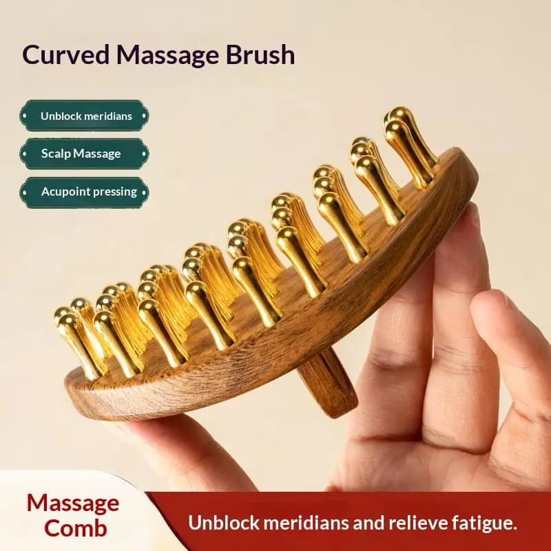 Brush for Massage with Handle in Wood, Multifunctional Tool for Beauty and Body Massage, Meridian Brush in 39 toothed Brass