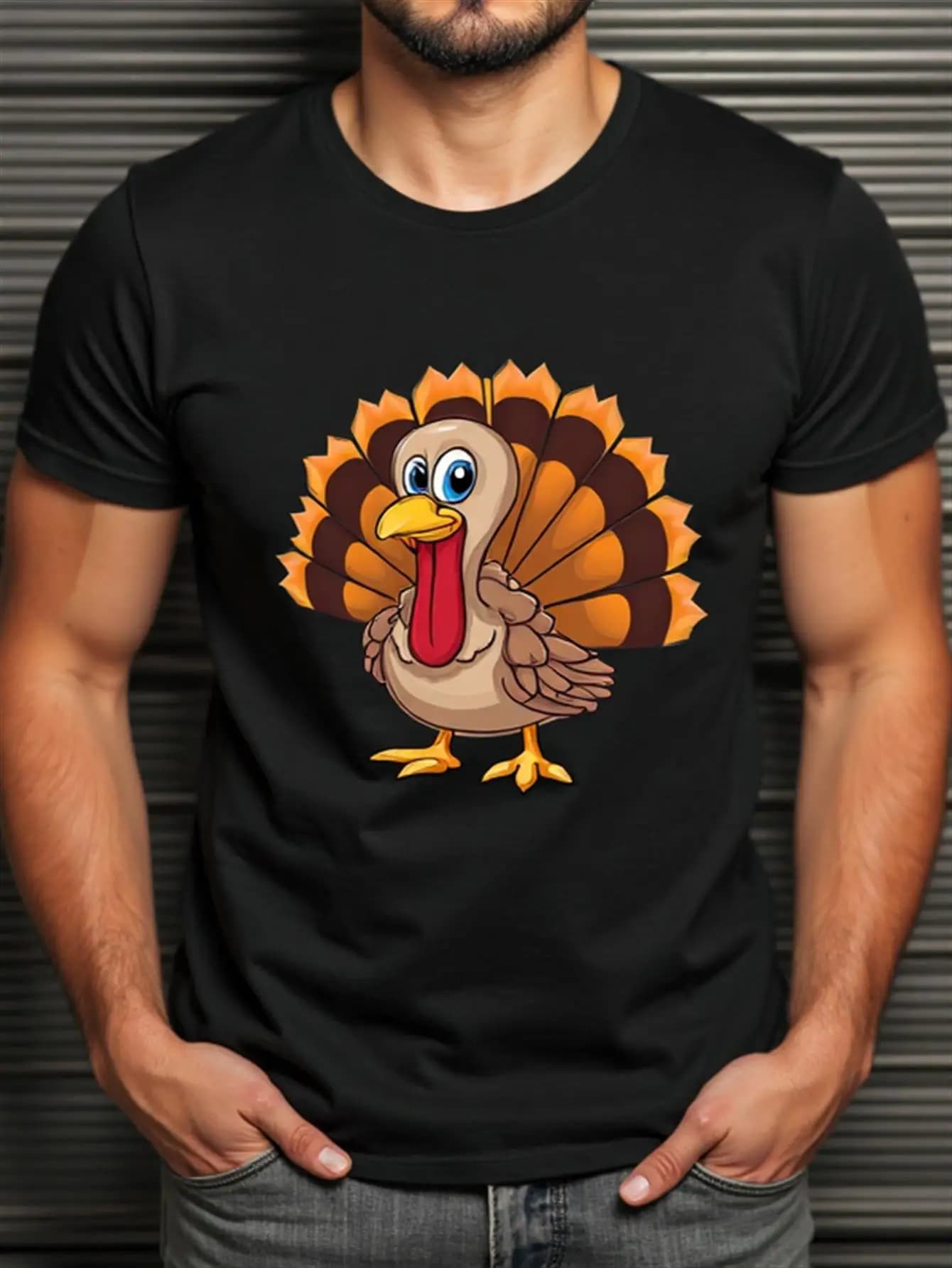 100% pure cotton short sleeve T-shirt with design with turkey print cartoon, wide crew neck style, suitable for Thanksgiving and everyday use, washing machine, holiday gift, soft fabric, light top