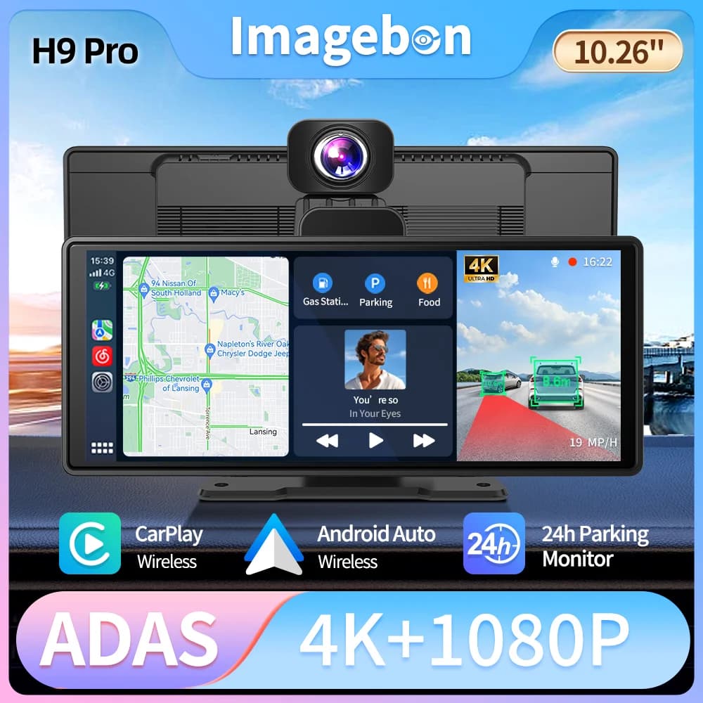 Imagebon H9Pro 10.26" Dash Cam ADAS Wireless CarPlay e Android Auto 4K DVR Navigazione GPS Cruscotto Videoregistratore 24H Parco