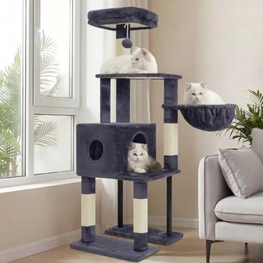 Albero per Gatti da 125 cm, Torre per Gatti da Interno, Cuccia Spaziosa con Spazio Nascosto, Tubo in Acciaio Robusto, Top in Morbido Peluche