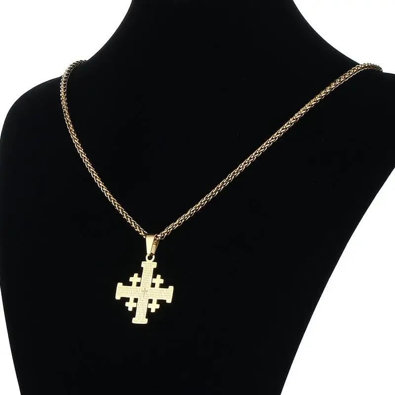Collana con ciondolo a croce cristiana di Gerusalemme per uomo, in acciaio inossidabile, con versetto biblico, preghiera del Signore, catena, gioielli religiosi.