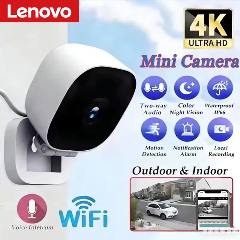 Telecamera di Sicurezza Mini HD 4K Lenovo, Impermeabile IP65, Visione Notturna a Colori, Rilevamento Movimento, Audio Bidirezionale, Monitor WiFi per Interni ed Esterni