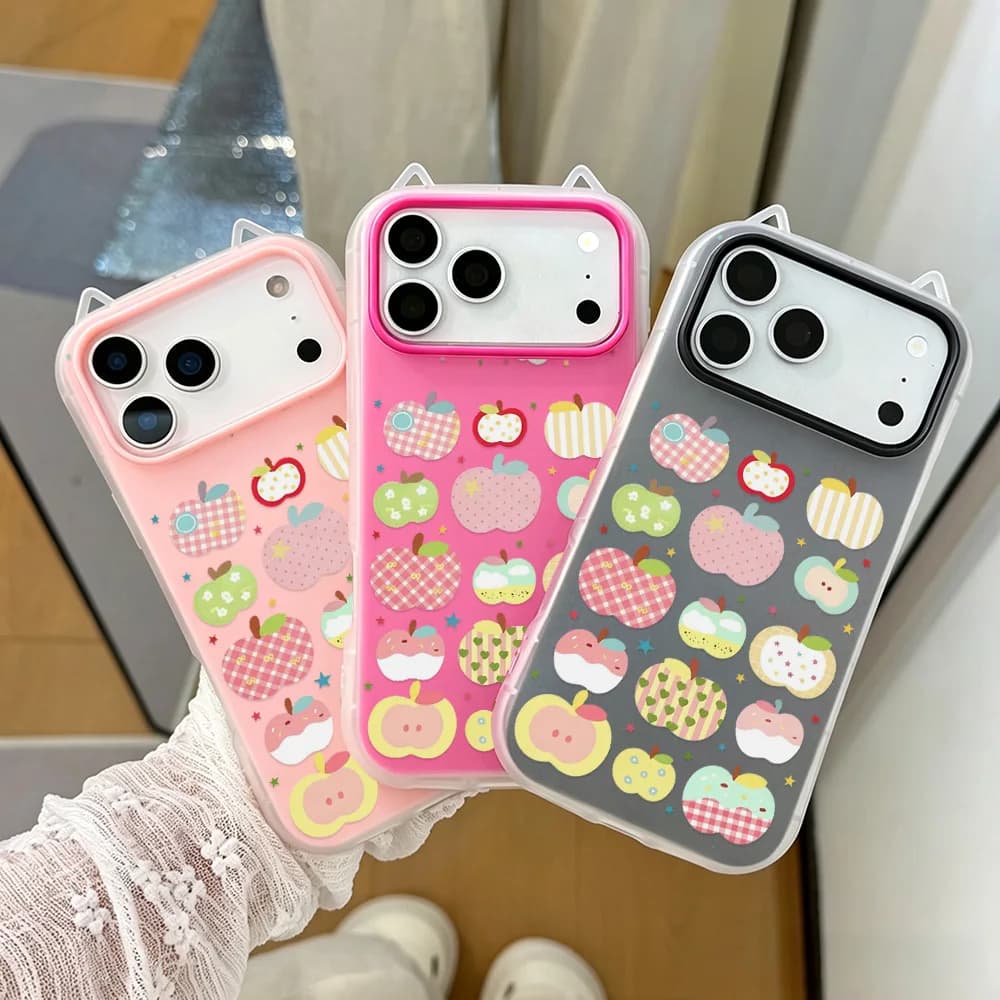Cat Ears 2-In-1 Jelly Shell Painting Phone Case for Apple iPhone 17 16 14 13 12 Pro Max 15 11 Cases Sweet Girly Shockproof Capa