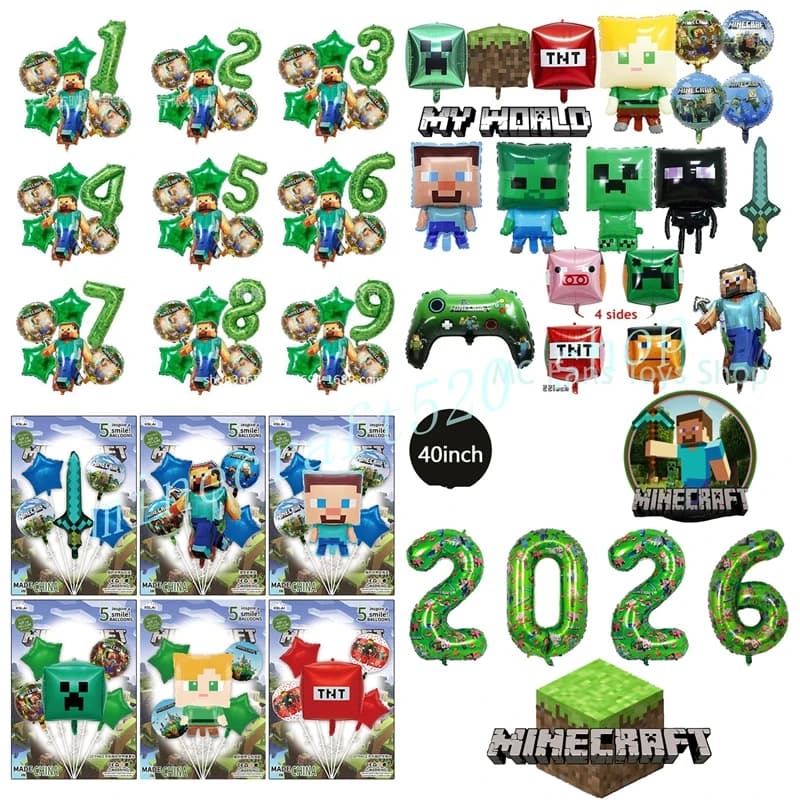 Minecrafte Pixel Balloon Anime Game Theme Multiple Balloons for Birthday Party MC Decoration Aluminum Film Balloon Number Set