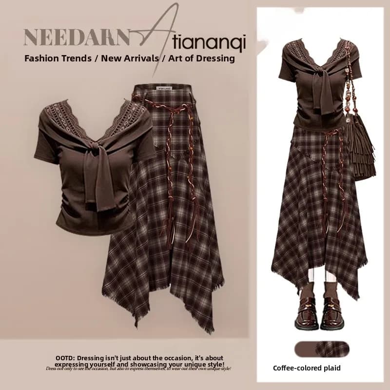 Summer 2026 Fashion Slimming Top High Waist Plaid Skirt Set Design Sense Quality Fashionable Two-Piece Ensemble Women's Clothing