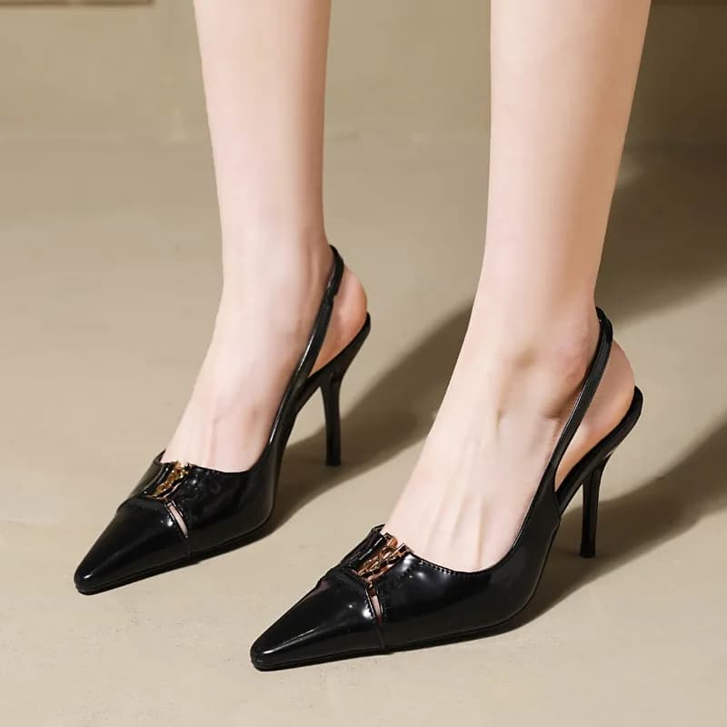 Spring and summer new sexy stylish high-heeled sandals with metal buckle open toe, elegant thin heels and back straps for women