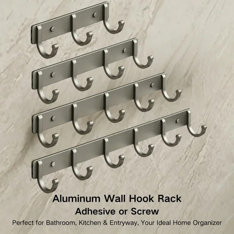Aluminum Wall Hook Rack – No-Drill Adhesive/Screw Mount, Gray, 3-6 Hooks, Heavy Duty Organizer for Bathroom, Kitchen, Entryway