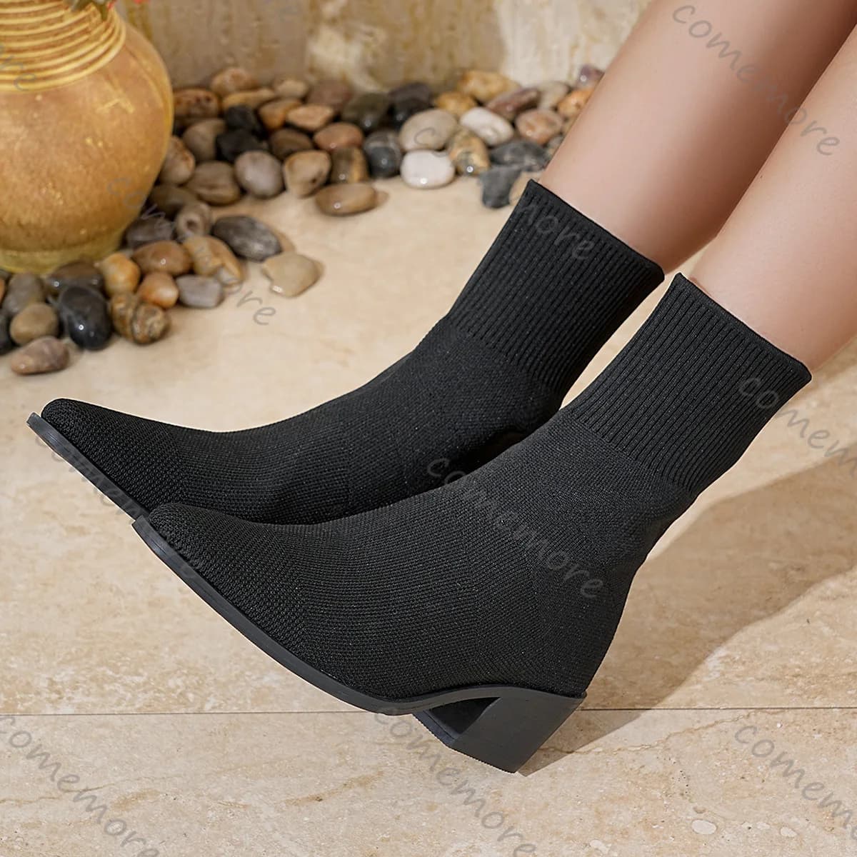 Comemore Women's knitted ankle boots Pointe-to-peel Elastic Slip on Boots with sock Spring Autumn casual elastic shoes