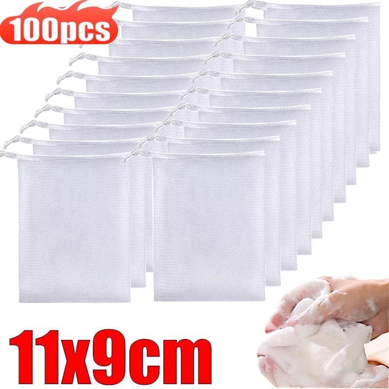 5-100 pezzi rete schiumogena reti pulizia latte detergente viso sapone schiuma rete borse con coulisse per bagno strumenti di lavaggio forniture per il bagno